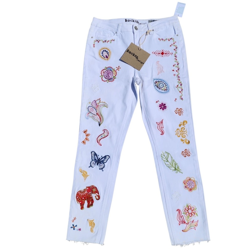 Rocks & Indigo Women's Embroidered White Jeans Pants Size 12/30 NWT Boho